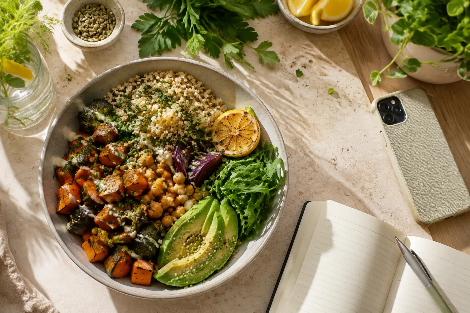 Warme voedzame maaltijdkom met groenten, kikkererwten en avocado op een lichte tafel